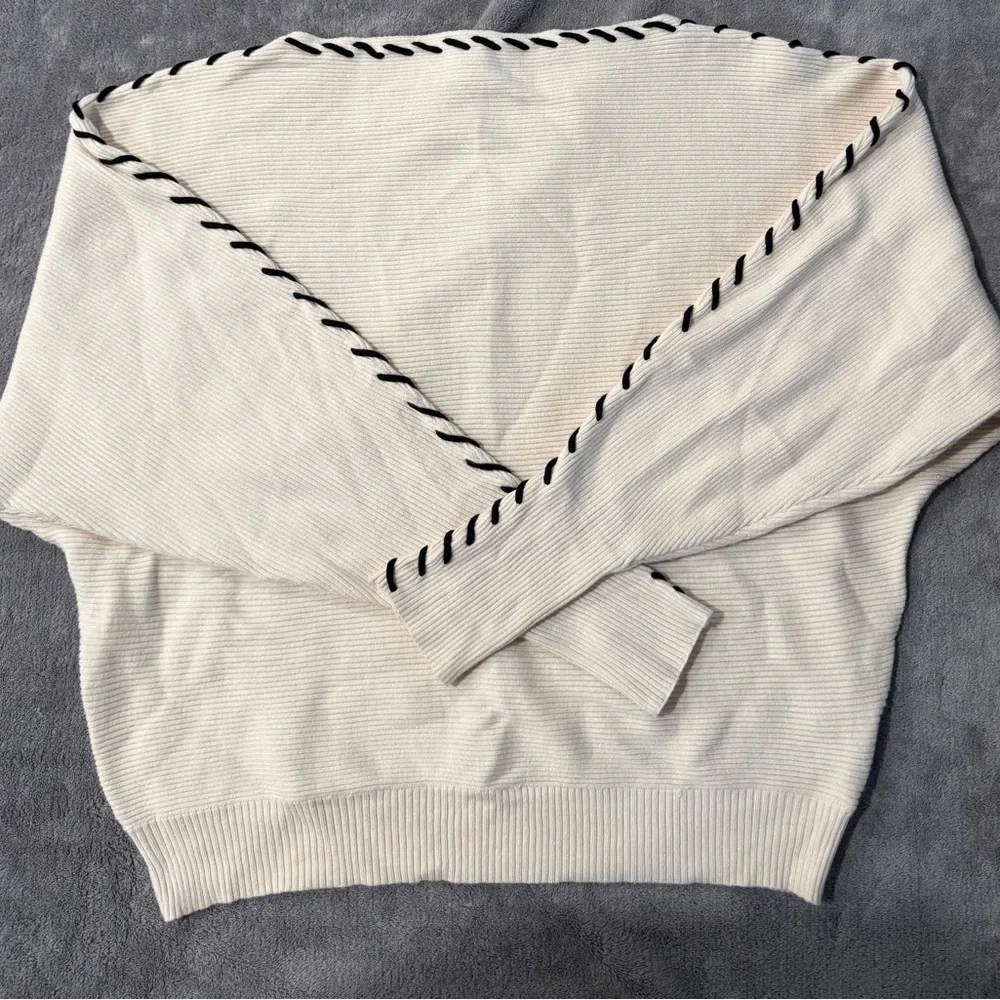 Philosophy Cream Off-Shoulder Sweater with Black Whipstitch. Gently Used